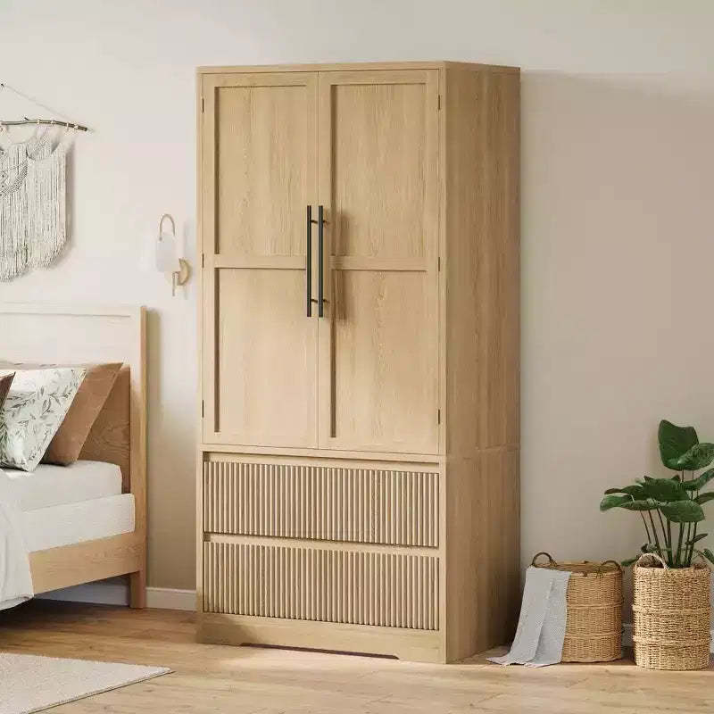 Bedroom Wooden Armoire Wardrobe Closet, Wardrobe Armoire Cabinet with 2 Drawers, Freestanding Armoire with Shelves & Hanging Rod