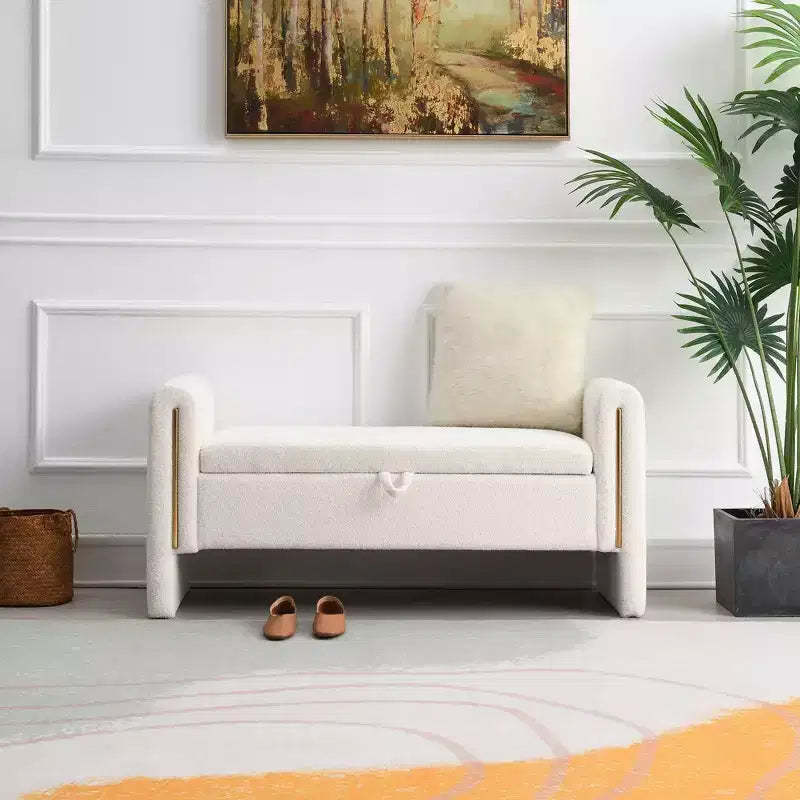 TUYOHW Modern Bed End Bench with Arms and Storage, Upholstered Large Foot Rest Stool, Comfy Window Vanity Bench for Living Room, Cream