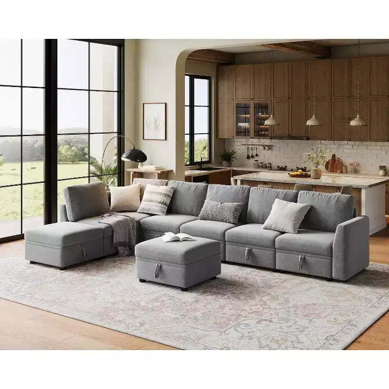 Acekool 6-Piece L-Shaped Sectional - Storage Ottoman, Chenille Fabric, Gray