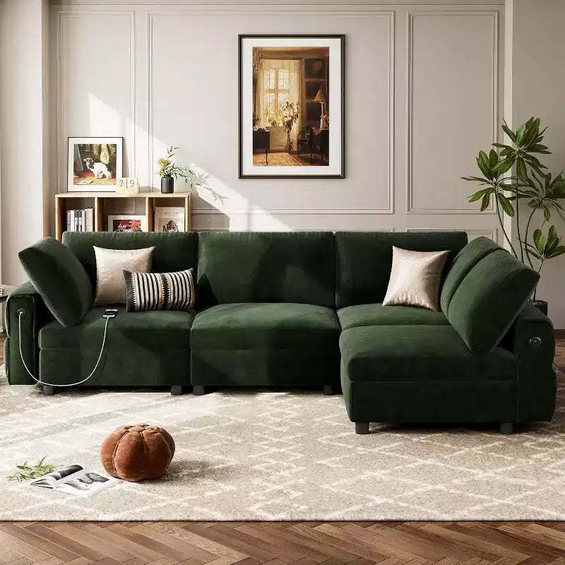 Acekool L-Shaped Velvet Sectional, Green | 4-Seater w/ USB Charging & 6 Pillows | Convertible Cloud Couch for Living Spaces