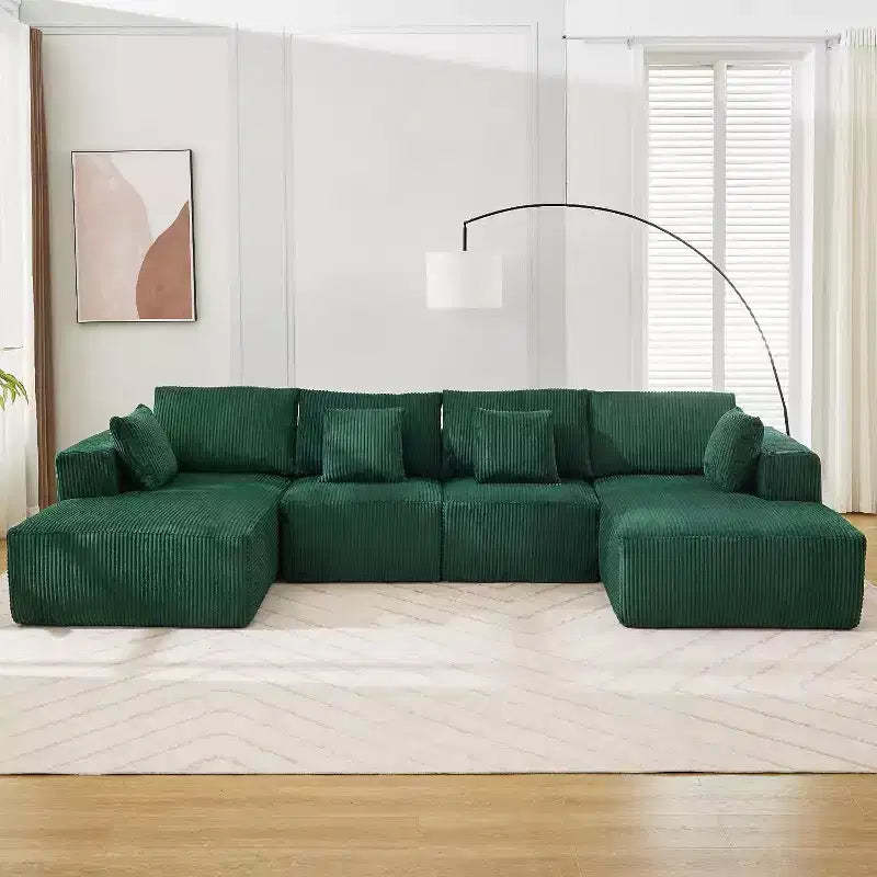 Acekool Ultra Soft Corduroy Sectional Sofa, 137 U-Shape | No-Assembly Modular Design w/ 2 Chaise Lounges | Convertible Sleeper