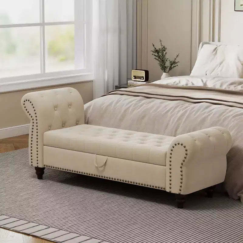 TUYOHW Bed Bench for Bed Room Nails Tufted Chaise of Lounge with Storage Velvet Upholstery Bench, Lake Blue
