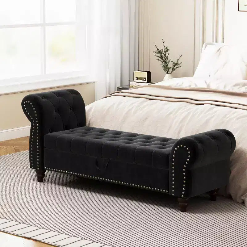 TUYOHW Bed Bench for Bed Room Nails Tufted Chaise of Lounge with Storage Velvet Upholstery Bench, Navy Blue