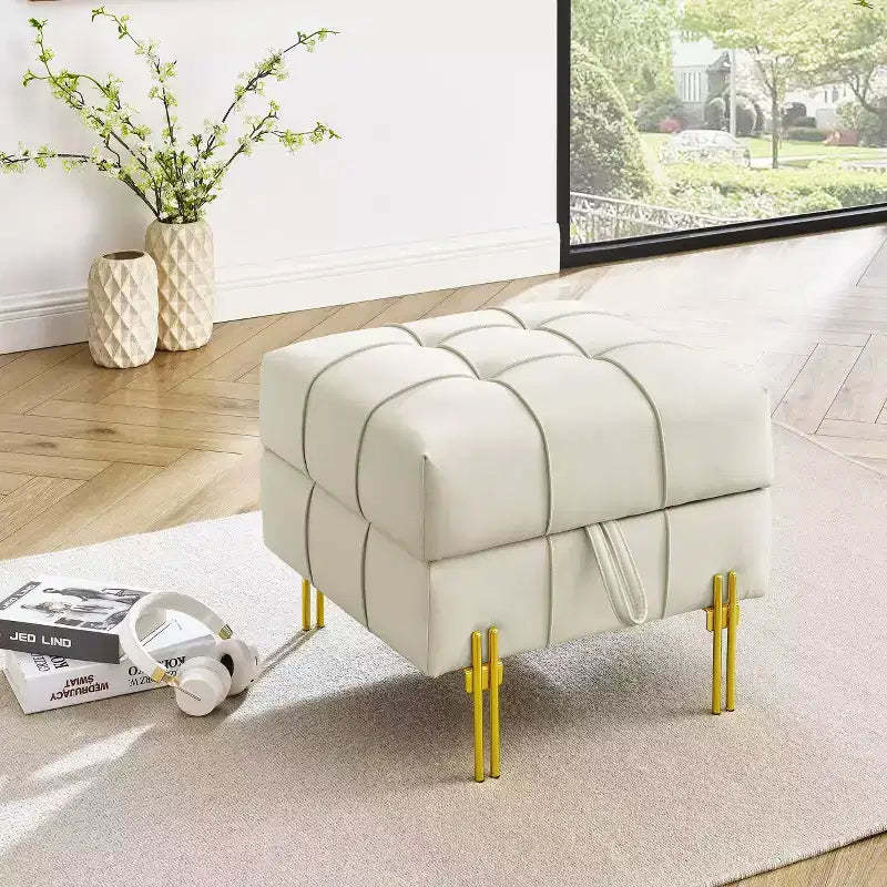 TUYOHW 22 Inches Anti-scratch Leather Storage Ottoman, Pet Friendly Entryway Bench with Golden Stainless Steel Legs, Beige