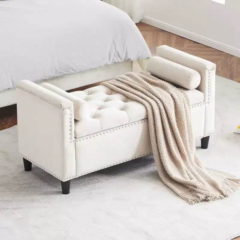TUYOHW Storage Bench, Velvet Button Bedside Bench, Entryway Living Room with Armrests, Upholstered Bedroom Bench, Cream