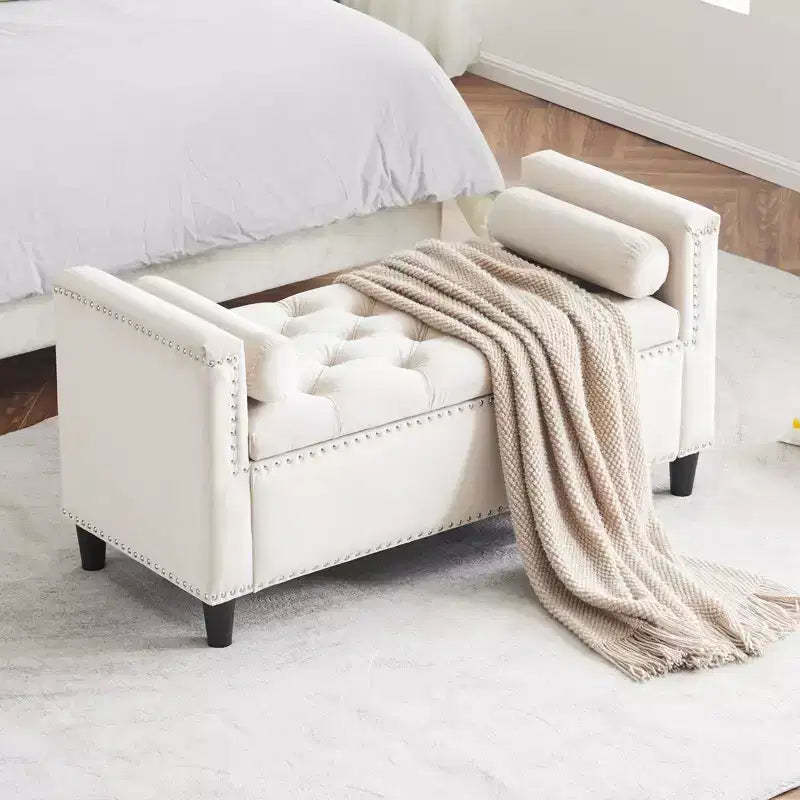 TUYOHW Storage Bench, Velvet Button Bedside Bench, Entryway Living Room with Armrests, Upholstered Bedroom Bench, Cream