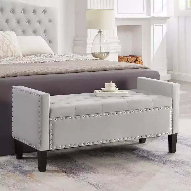 TUYOHW Upholstered Tufted Button Storage Bench with Nails Trim, Entryway Living Room Soft Padded Seat with Armrest, Gray