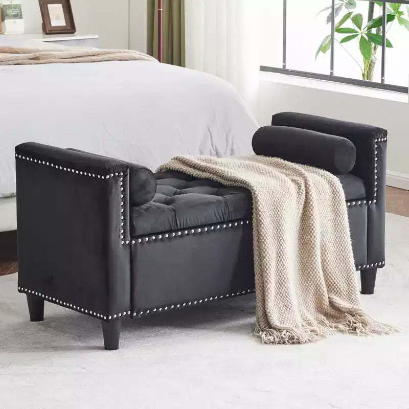 TUYOHW Storage Bench, Velvet Button Bedside Bench, Entryway Living Room with Armrests, Upholstered Bedroom Bench, Black