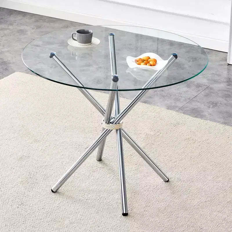 Okak Round Dining Table Modern Tempered Glass Table for 4 People with Cross Metal Base for Dining Room, Living Room, Office, Kitchen