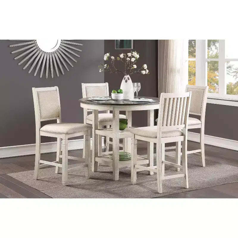 Okak Round Dining Table Transitional Style for Small Space, Counter Height Table with 2 Display Shelves for Living Room, Office, Kitchen