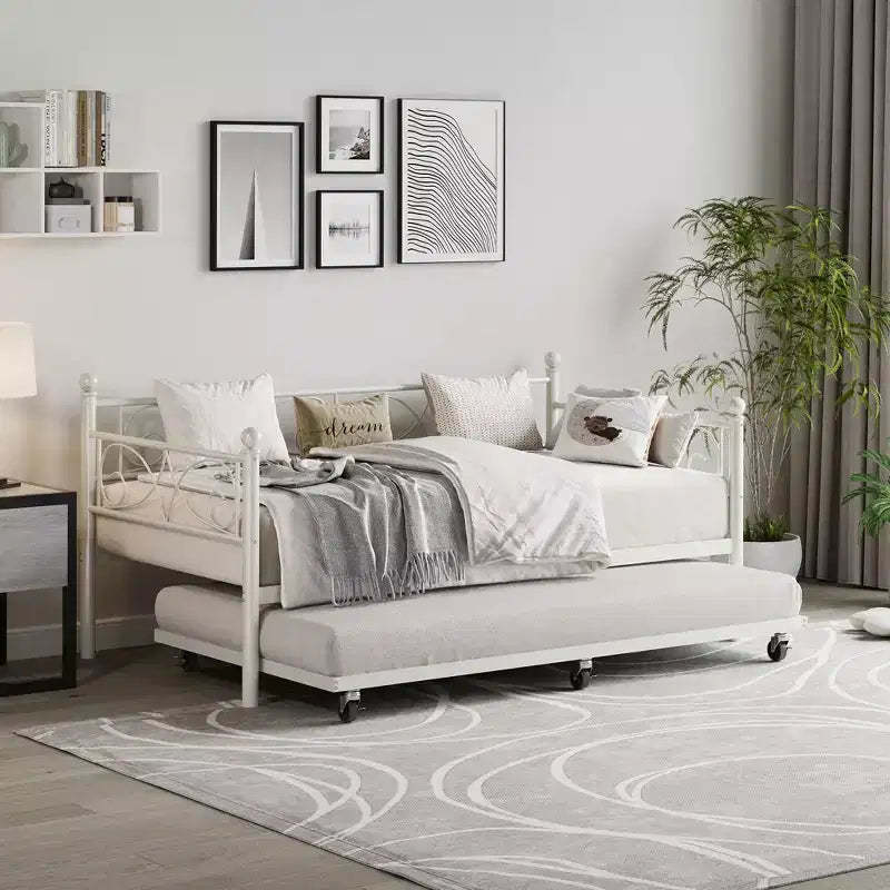 Twin Size Metal Day Bed with Floral Headboard, Modern Metal Sofe Bed Frame with Pull-Out Trundle, Heavy Duty Steel Slats Supports for Living Room