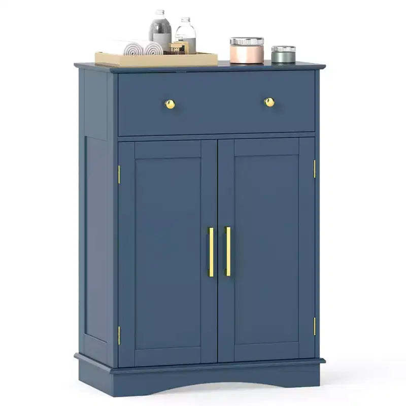 Costway Bathroom Floor Cabinet Modern Storage Cabinet with Large Pull-out Drawer,2 Doors Black/Blue/Gray/White/Black+White