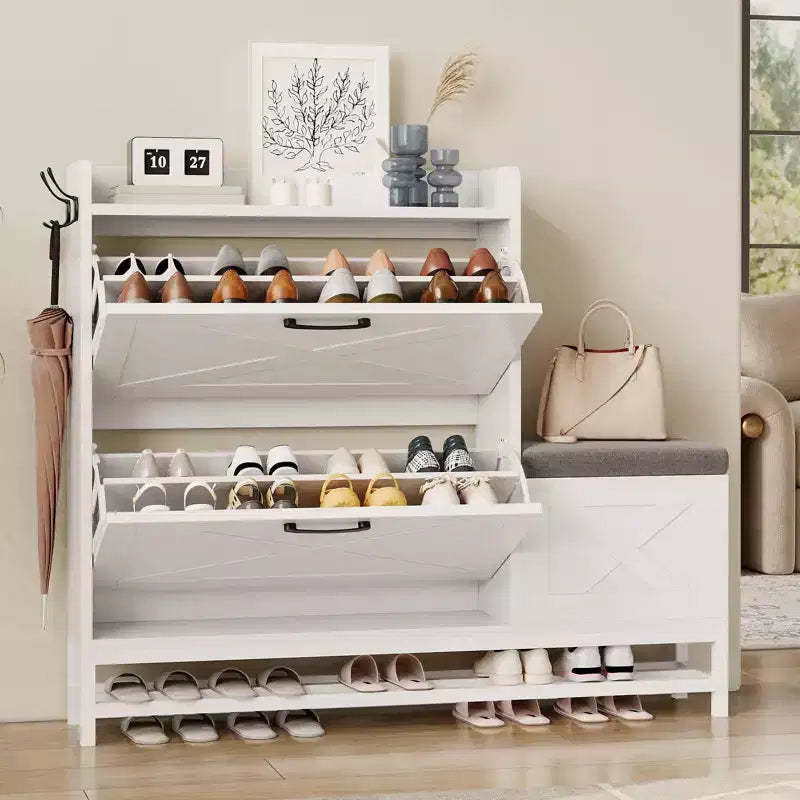 GustoWave Shoe Cabinet with 2 Flip-Drawers & Storage Bench, Farmhouse Wood Freestanding Shoe Rack with 2 Hooks & Bottom Shelf for Entryway
