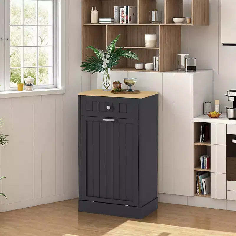 10 Gallon Tilt Out Trash Cabinet, Freestanding Hidden Trash Can Cabinet with Countertop & Drawer, Pet Proof Recycling Cabinet,Tilt Out Laundry Hamper