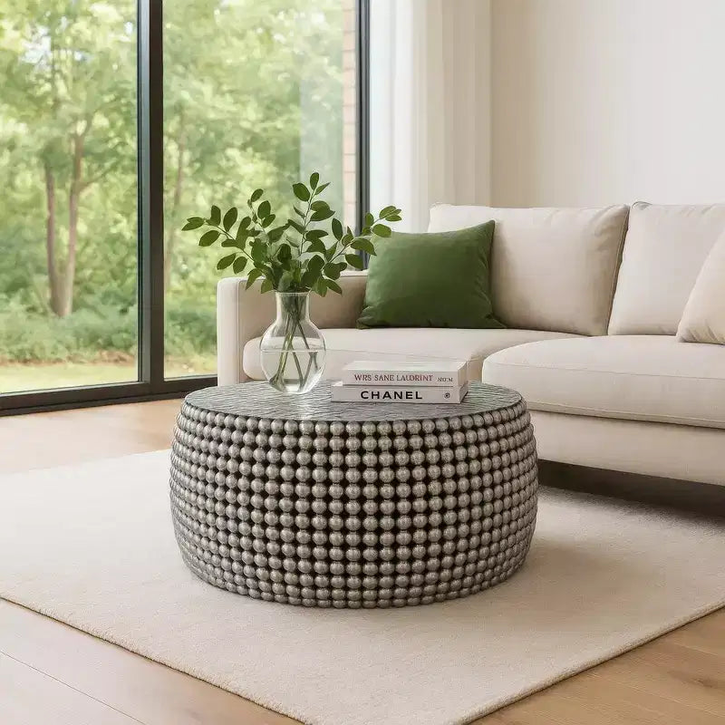 Royal Hampton 32 Coffee Table | Silver Metallic Beads Studded Pattern | Nickel Coated Iron Frame
