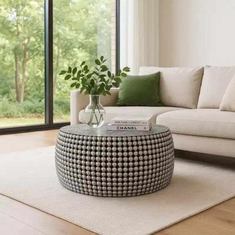 Royal Hampton 32 Coffee Table | Silver Metallic Beads Studded Pattern | Nickel Coated Iron Frame