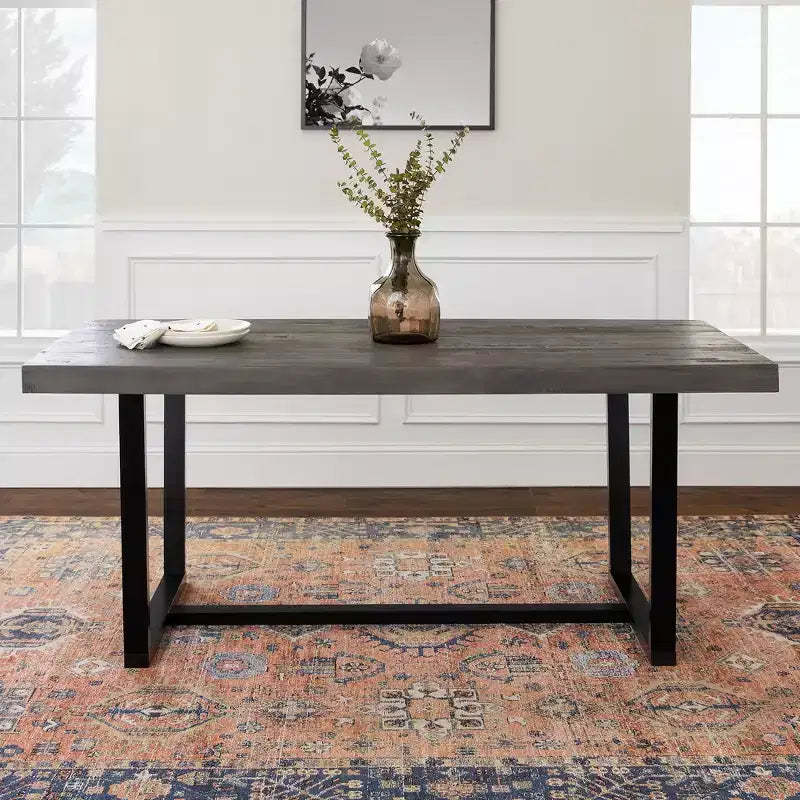 Okak 72/52Inch Rectangle Dining Table with Distressed Solid Wood Top and Metal Open Frame for Dining Room