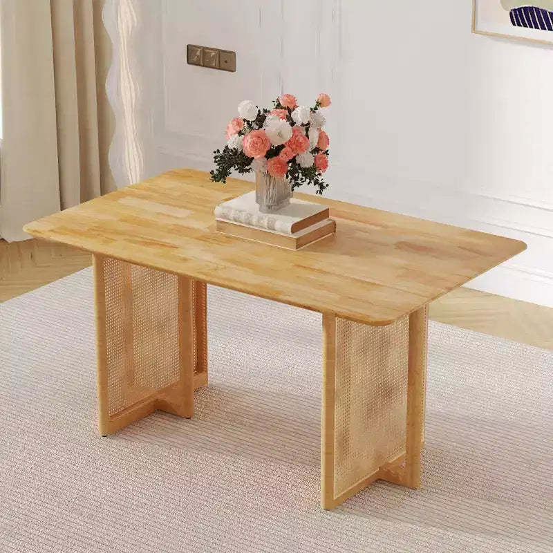 Okak Retro Wood Dining Table, Modern Imitation Rattan Dining Table for Dining Room, Living Room, Office