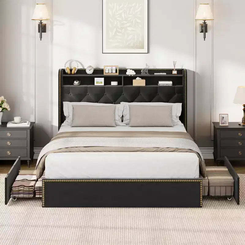 Upholstered Storage Bed Frame with 5 Drawers & Shelves Headboard, Black Velvet, No Box Spring Needed