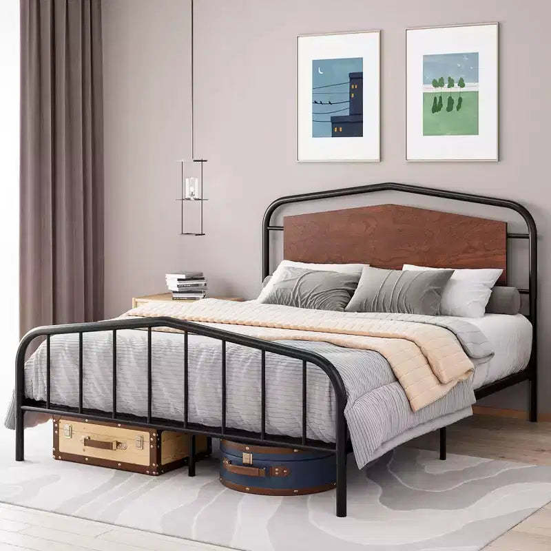 Metal Bed Frame with Wooden Headboard - Wrought Iron Platform Bed, Under Bed Storage, Easy Assembly for Industrial Style Bedroom