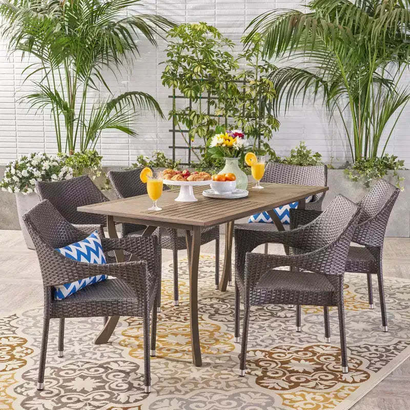 GDFStudio Outdoor Wicker and Acacia Wood and Wicker 7 Piece Dining Set