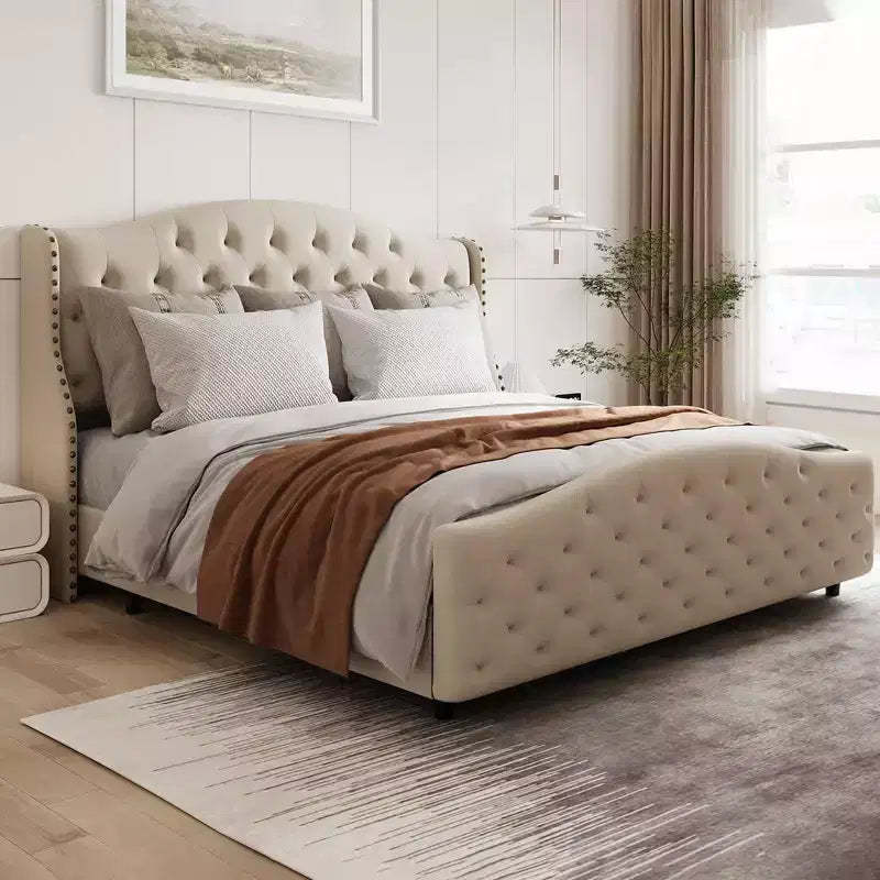 Queen Size Velvet Tufted Platform Bed Frame with Wingback Headboard - Wood Slat Support, No Box Spring Needed, Beige Upholstered Bed