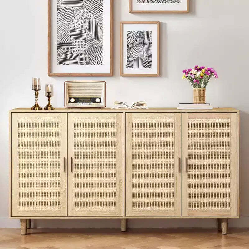 Okak Rustic Rattan Decorative Sideboard Cabinet with 4-Door & Adjustable Shelves, Functional Buffet Cabinet for Kitchen Dining Room