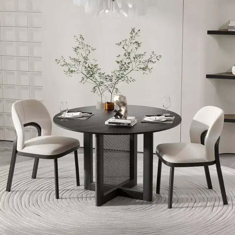 46 inch Round Black Rattan Dining Table for 4-6 People Suitable for Dining Room and Living Room
