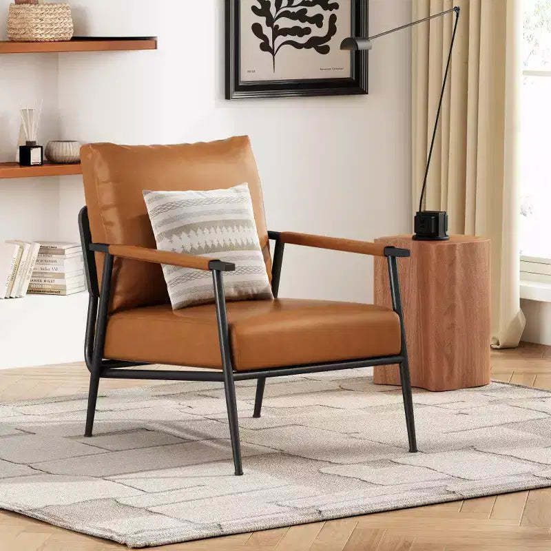 Zeus & Ruta Mid-Century Modern Faux Leather Upholstery Accent Lounge Chair with Padded High Backrest and Metal Frame - Brown