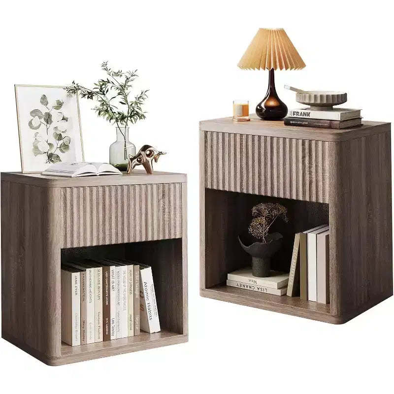 Night Stand Set of 2 With Fluted Drawer Storage End Table, Mid Century Wood Night Stands, Large Modern Farmhouse Nightstand for Bedroom Office