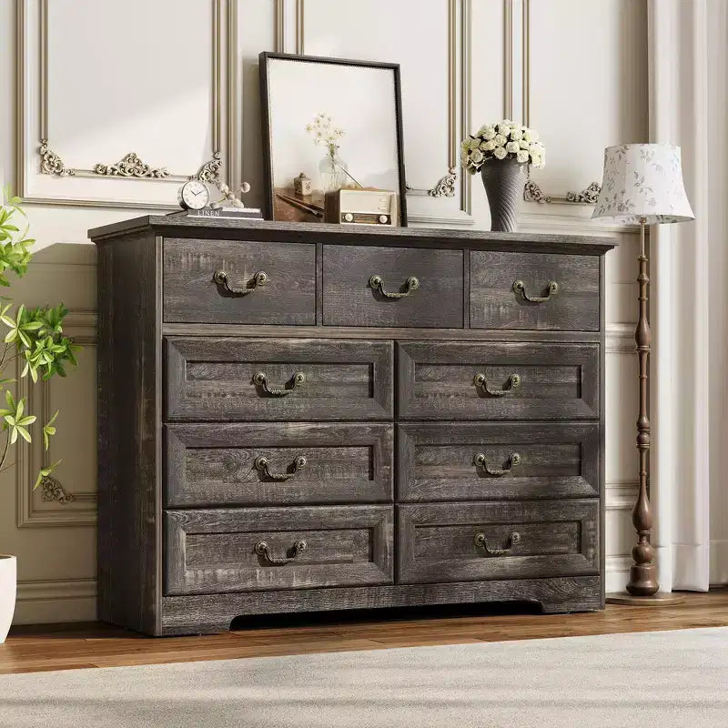 GustoWave 9-Drawer Dresser for Bedroom, 47 Wide Dressers Wood Vintage Chest of Drawers, Farmhouse Storage Organizer for Living Room, Hallway Entryway