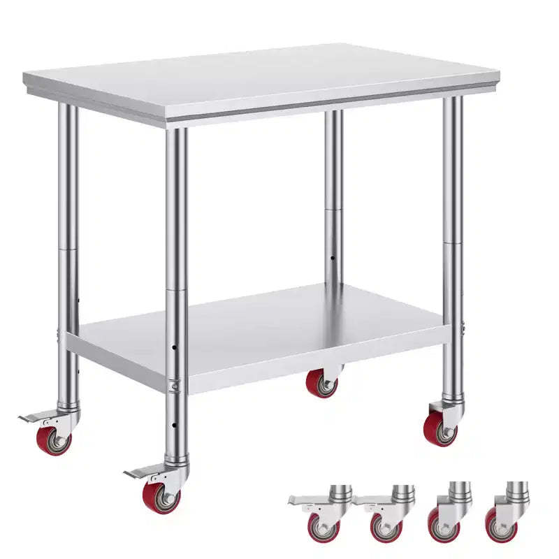 VEVOR Stainless Steel Work Table 35 x 24 x 33 Inch, 700 LBS Load Capacity with 4 Wheels, 3 Adjustable Height Levels, Silver