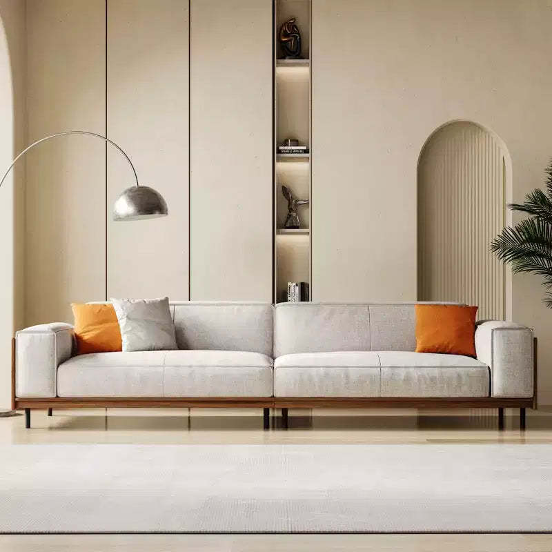 111.81 Extra-Long Solid Wood Mid-Century Light Gray Sofa, 4-Seater Cotton-Linen Couch with Walnut Accents & Washable Covers Gaoyangjiaju