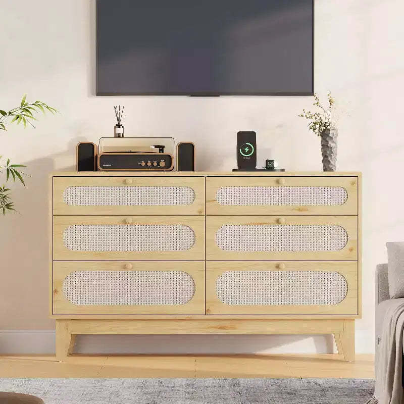 6 Rattan Large Storage Drawer Dresser, with USB Ports and Outlets, 6 Chests of Drawers Storage for Bedroom, Living Room,Hallway,Oak