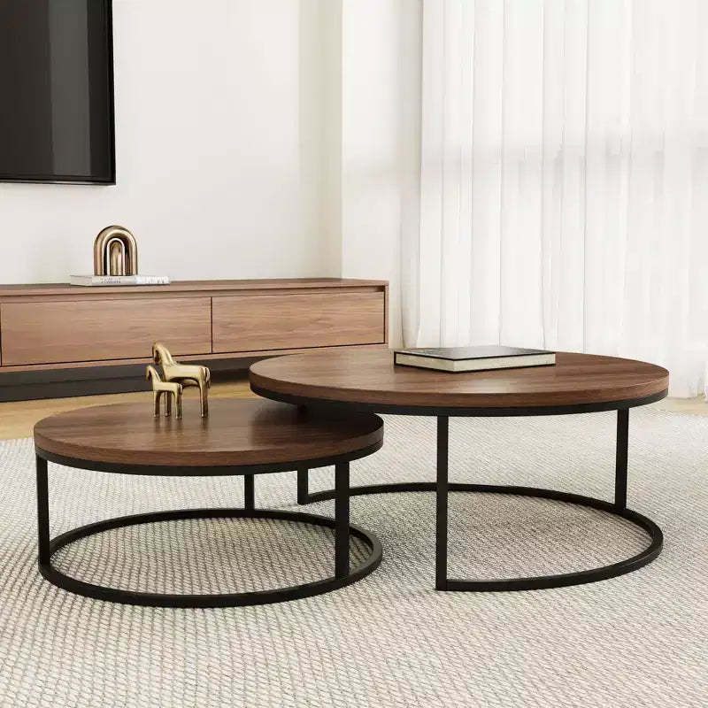 Gaoyangjiaju 31.5 Modern Round Nesting Coffee Table Set of 2 - Industrial Circular Center Tables for Living Room - Walnut/Black