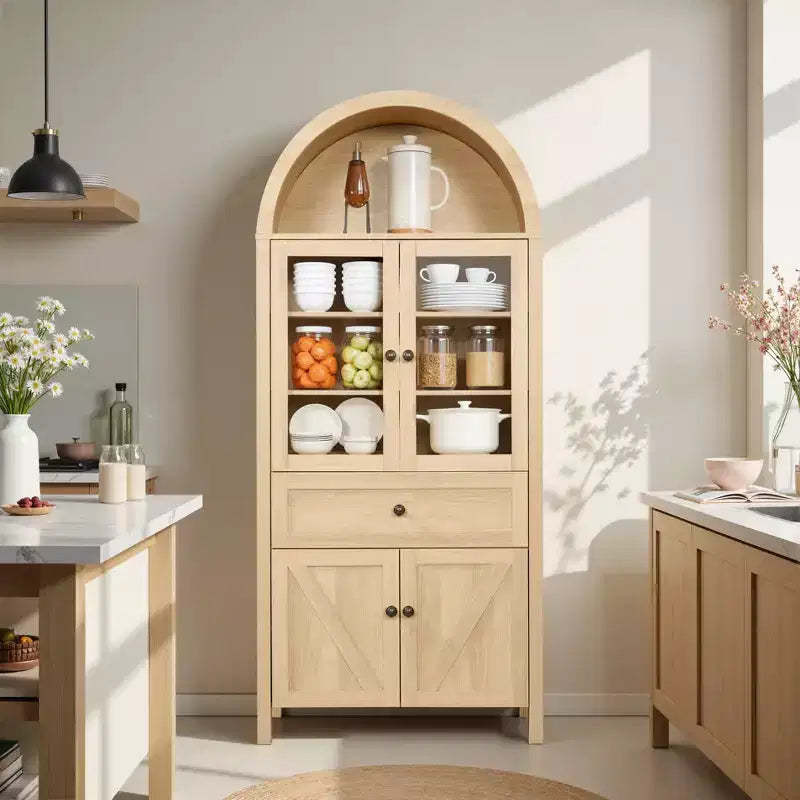 Tall Arched Pantry Storage Cabinet, Sideboard Buffet Cabinet Bookshelf Display Cabinet with Adjustable Shelves - ModernLuxe