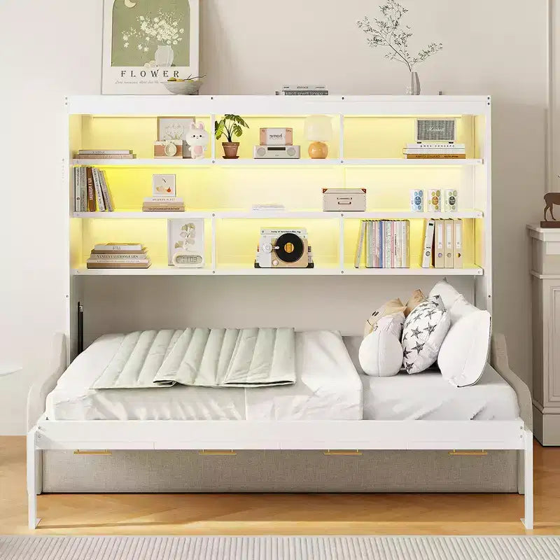 Full/Queen Size Murphy Bed with Folding Sofa, LED Foldable Bed Space Saving Hidden Wall Bed with Built-in Storage Shelves, Beige - ModernLuxe