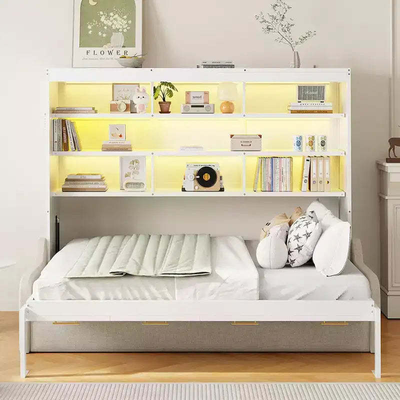Full/Queen Size Murphy Bed with Folding Sofa, LED Foldable Bed Space Saving Hidden Wall Bed with Built-in Storage Shelves, Beige - ModernLuxe
