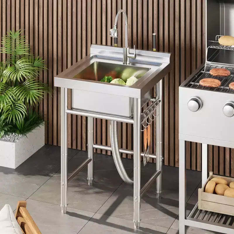 Utility Sink Stainless Steel Sink Freestanding Single Bowl -? with Faucet & Hooks for Laundry Room, Garage, Apartments