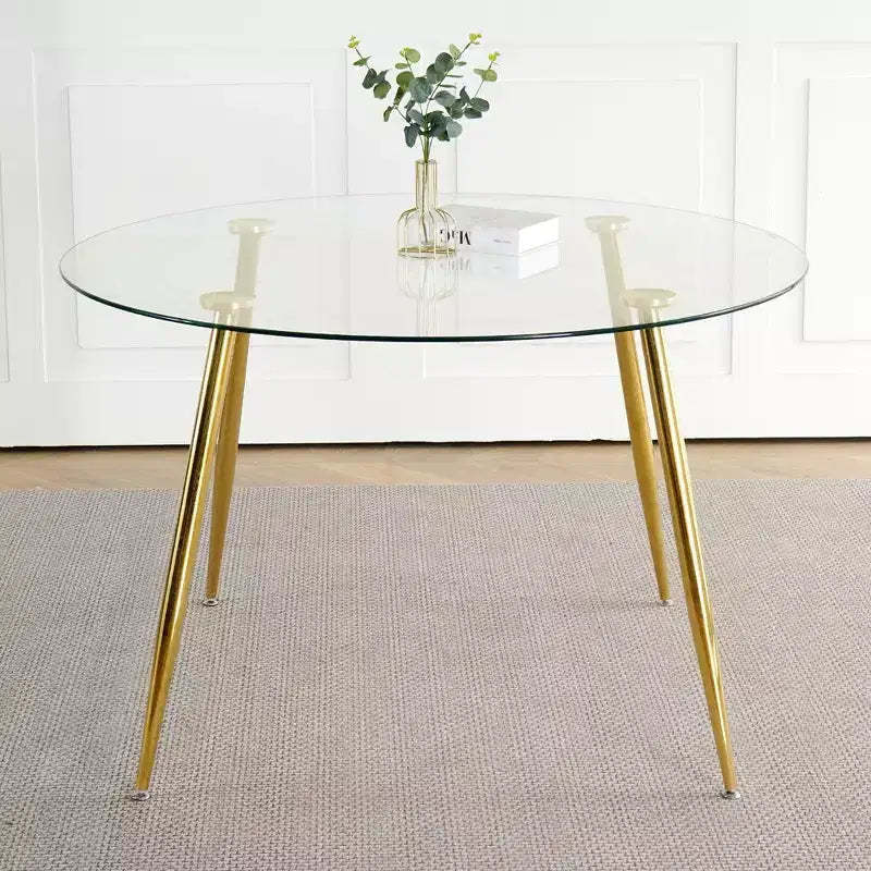 Okak Modern Round Dining Table with Tempered Glass Dining Room Table with Metal Spray Legs for Dining Room, Gold