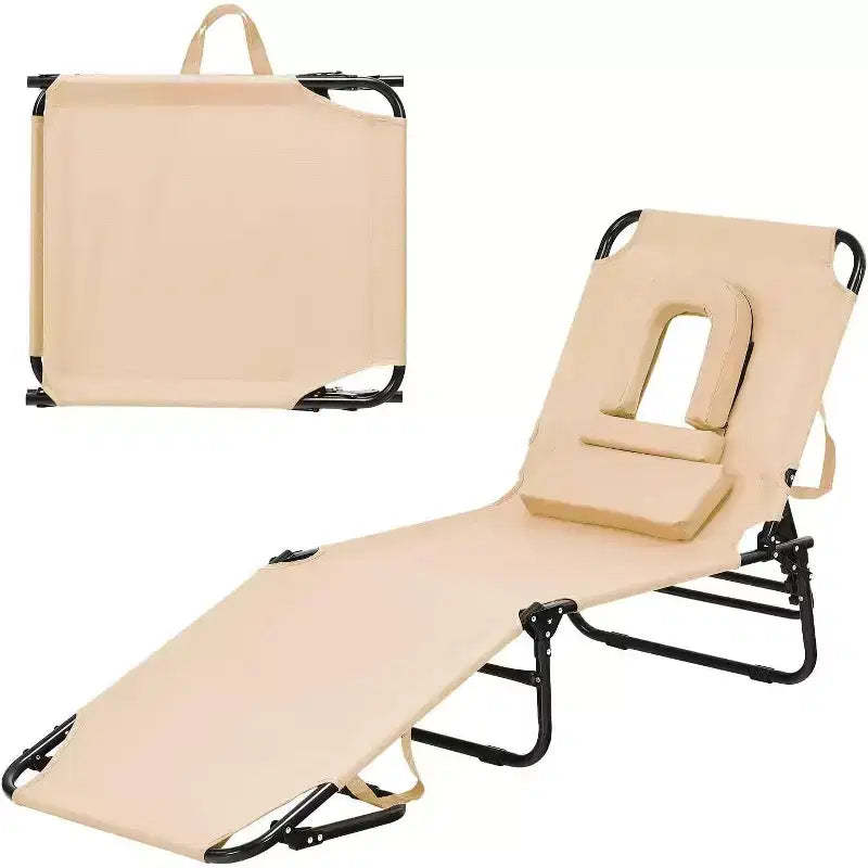 Summit Adventure 5-Position Folding Beach Chair - Padded Pillow & 330LB Capacity, No Assembly (Beige)