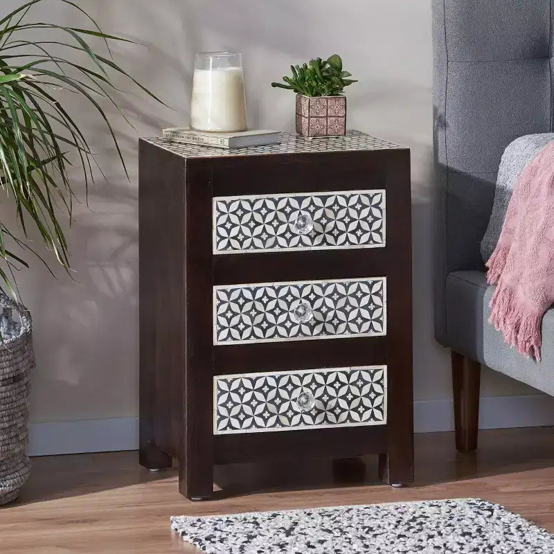 GDFStudio Kuna Boho Handmade Mango Wood 3 Drawer Nightstand
