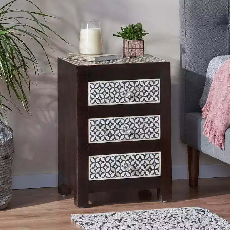 GDFStudio Kuna Boho Handmade Mango Wood 3 Drawer Nightstand