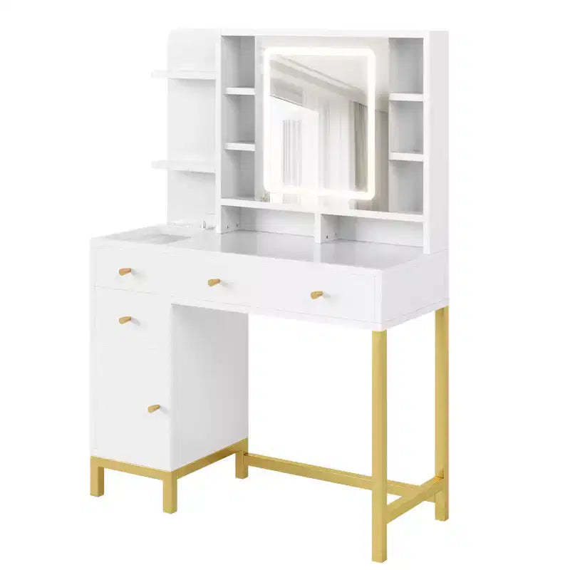 Vanity Desk with Lights, Makeup Vanity Desk, 3 Color Lighting Modes, Vanity Table with Drawers and Cabinets, Dressing Table with Power Outlet