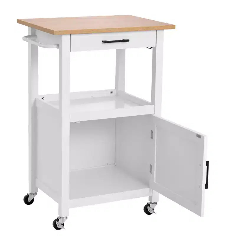 VEVOR Kitchen Island Cart with Single Door Cabinet, Mobile Carts with Drawer, Towel Rack, Hooks, Portable Table on Swivel Wheels, 18x23 in, White