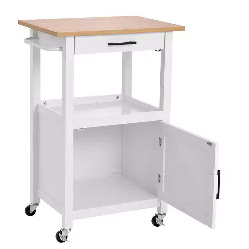 VEVOR Kitchen Island Cart with Single Door Cabinet, Mobile Carts with Drawer, Towel Rack, Hooks, Portable Table on Swivel Wheels, 18x23 in, White