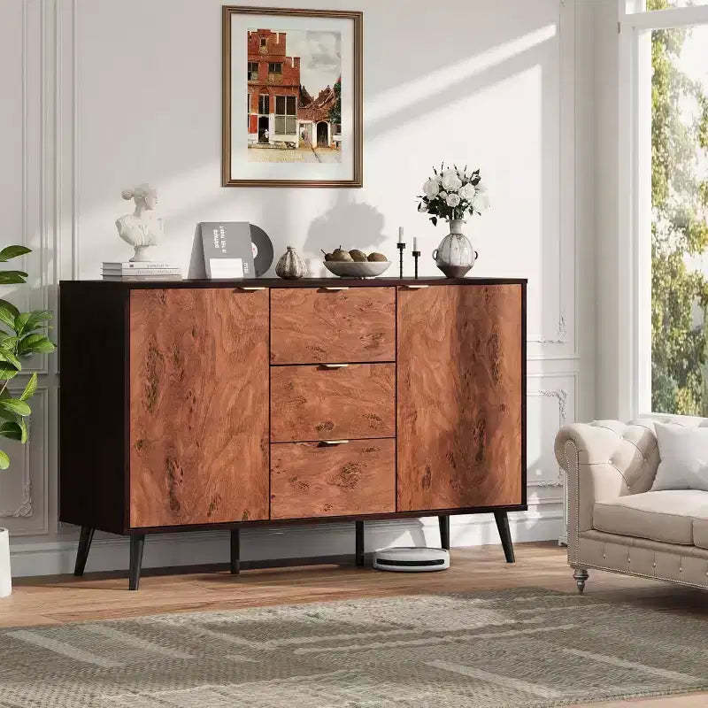 51.2 Farmhouse Sideboard Buffet Cabinet with 3 Drawers, Burl Texture, and Open Shelves, Walnut Finish