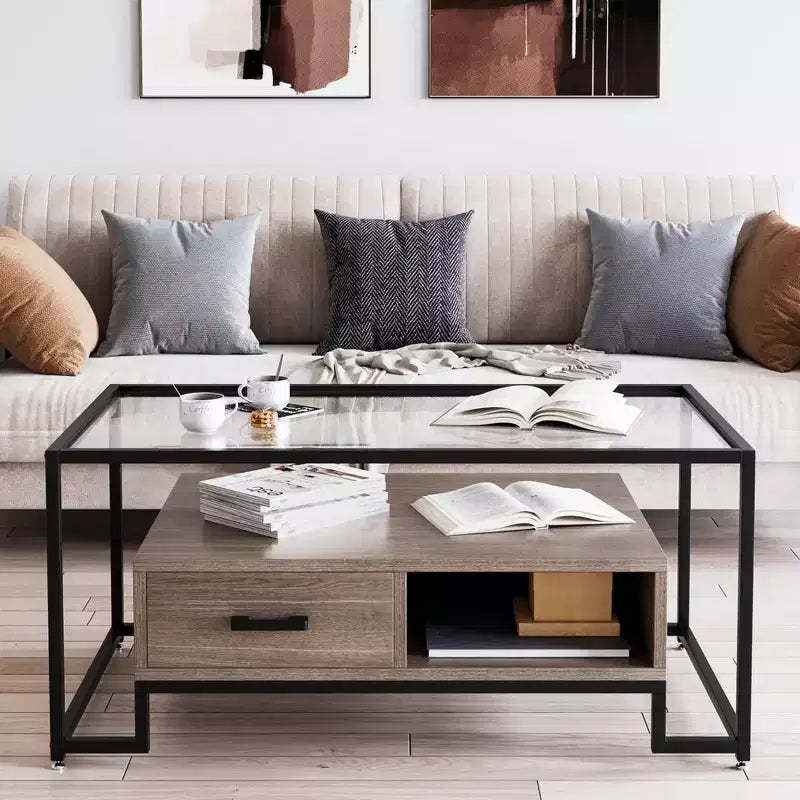 Rectangular Glass Coffee Table with 2 Drawers & Storage Shelf  Vintage Center Table for Living Room