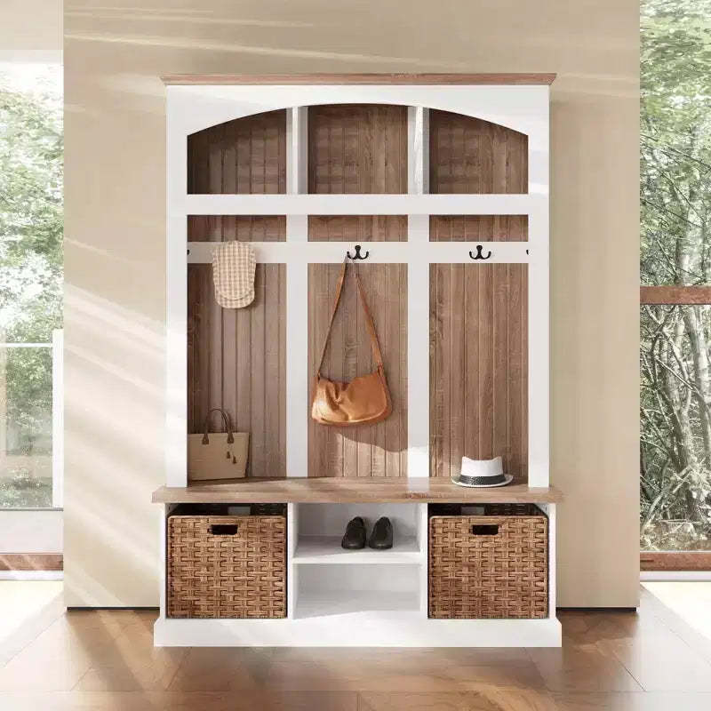 White and Oak Entryway Storage Bench with Hooks, Shelves, and 2 Woven Baskets Hall Tree