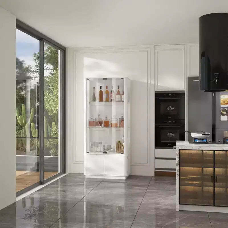 Famapy Modern Glass/Whiskey Wine Rocks,Display Cabinet,Liquor Display Shelf,LED-Lit,Tall Floor-Standing for Home Bar & Living Room